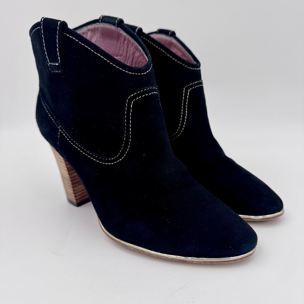 Luxury Rebel Sandy Black Suede Western Ankle Boots Contrast Stitch Gold 36.5